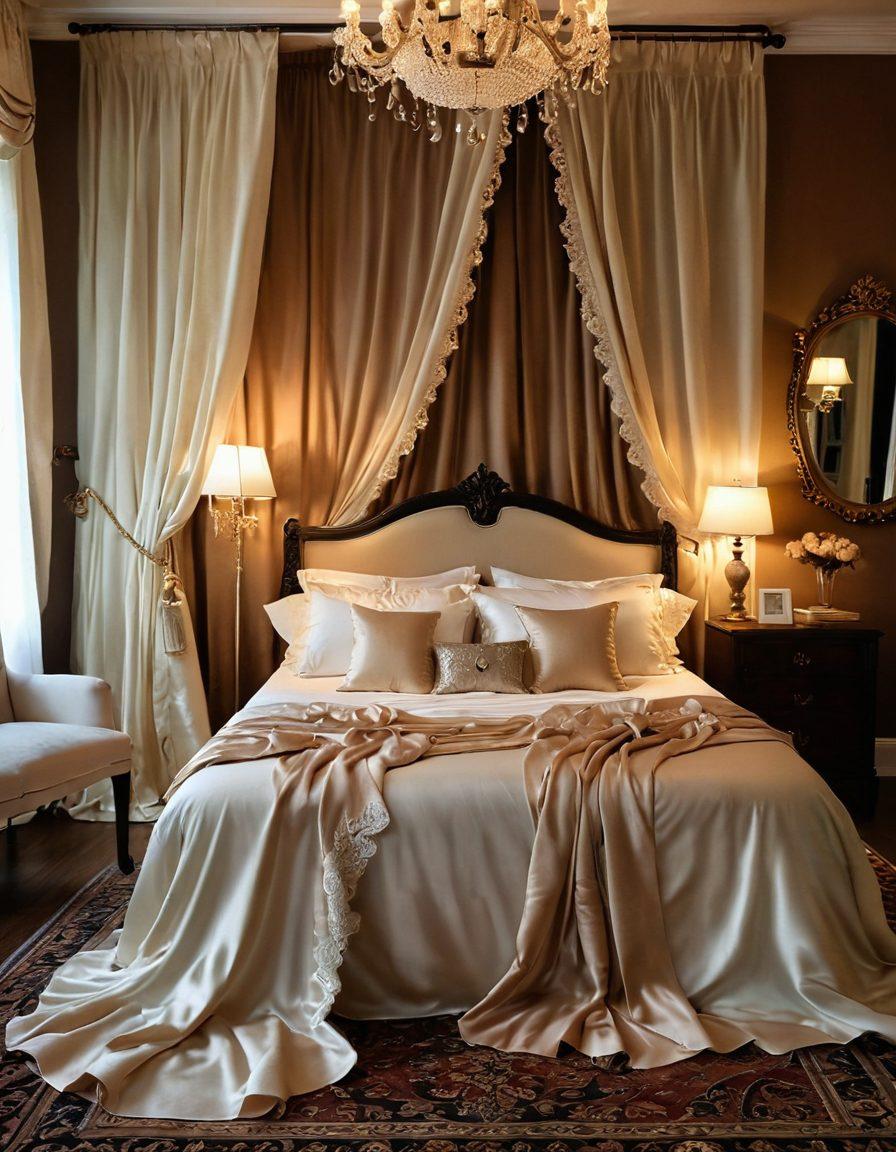 A luxurious bedroom setting adorned with silky sheets and delicate lace curtains, showcasing an elegant mannequin draped in intimate fashion pieces such as sheer bodysuits and exquisite lingerie. Soft candlelight casts a warm glow, reflecting off an ornate vanity with vintage beauty products. A plush rug lies underfoot, inviting intimacy and romance. The overall atmosphere is sophisticated and inviting, perfect for exploring the depths of intimate fashion. super-realistic. warm colors. soft focus.