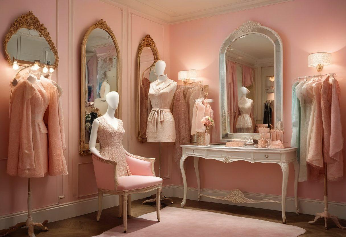 A stylish fashion boutique featuring elegant boudoir-inspired outfits displayed on mannequins, surrounded by luxurious fabrics and chic accessories. Soft romantic lighting creates an alluring ambiance, while a stylish mirror reflects the exquisite clothing. A touch of vintage decor adds sophistication to the scene. pastel colors. super-realistic. vibrant lighting.
